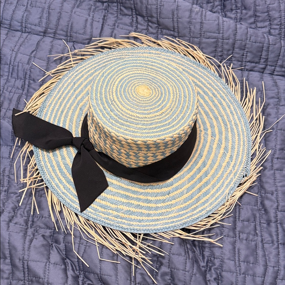 Elegant Blue and Tan Straw Hat with Black Ribbon